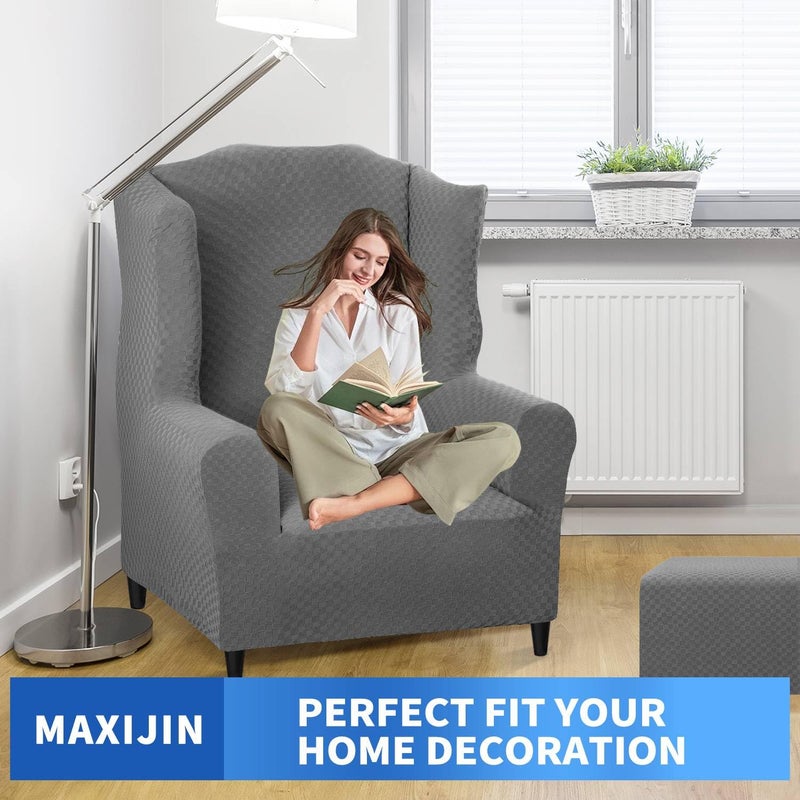 MAXIJIN Wingback Chair Covers 1-Piece Stretch Wing Chair Covers Soft Thick Wingback Armchair Slipcover Non-Slip High Back Chair Furniture Protector Washable (Wing Chair, Light Gray) - Image 2